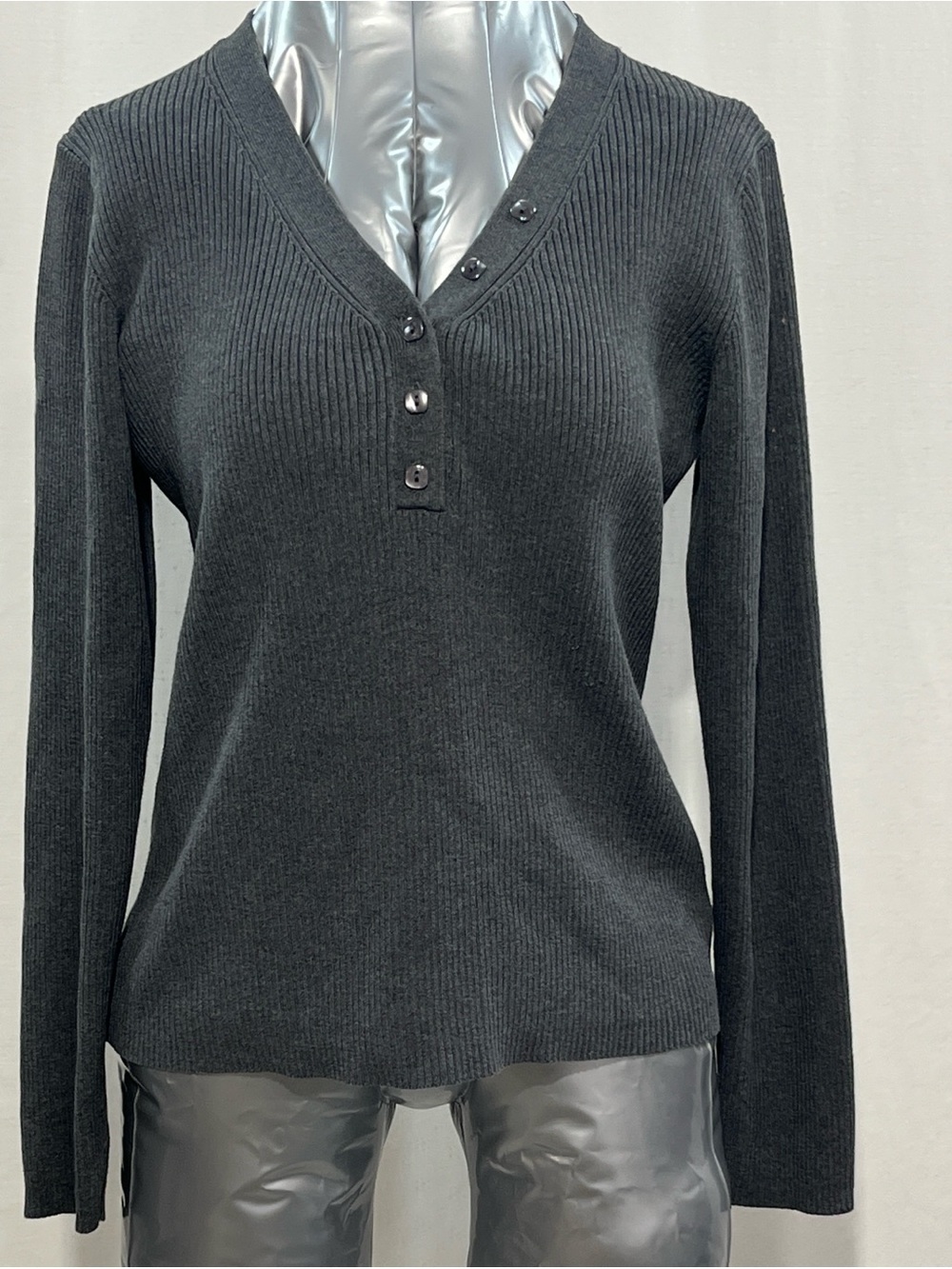Womans Ribbed V-Neck Button Sweater - Charcoal Gray 100% cotton every day 1470